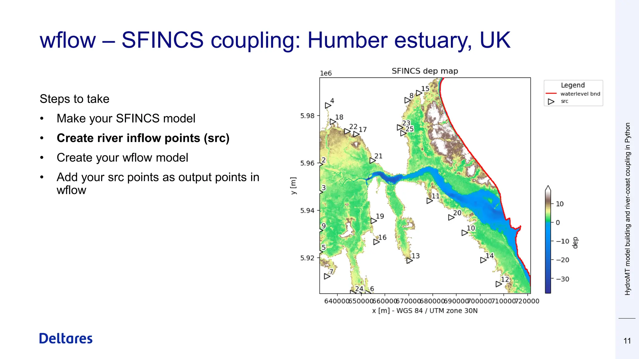 wflow – SFINCS coupling: Humber estuary, UK
Steps to take
• Make your SFINCS model
• Create river inflow points (src)
• Create your wflow model
• Add your src points as output points in
wflow
HydroMT
model
building
and
river-coast
coupling
in
Python
11
 