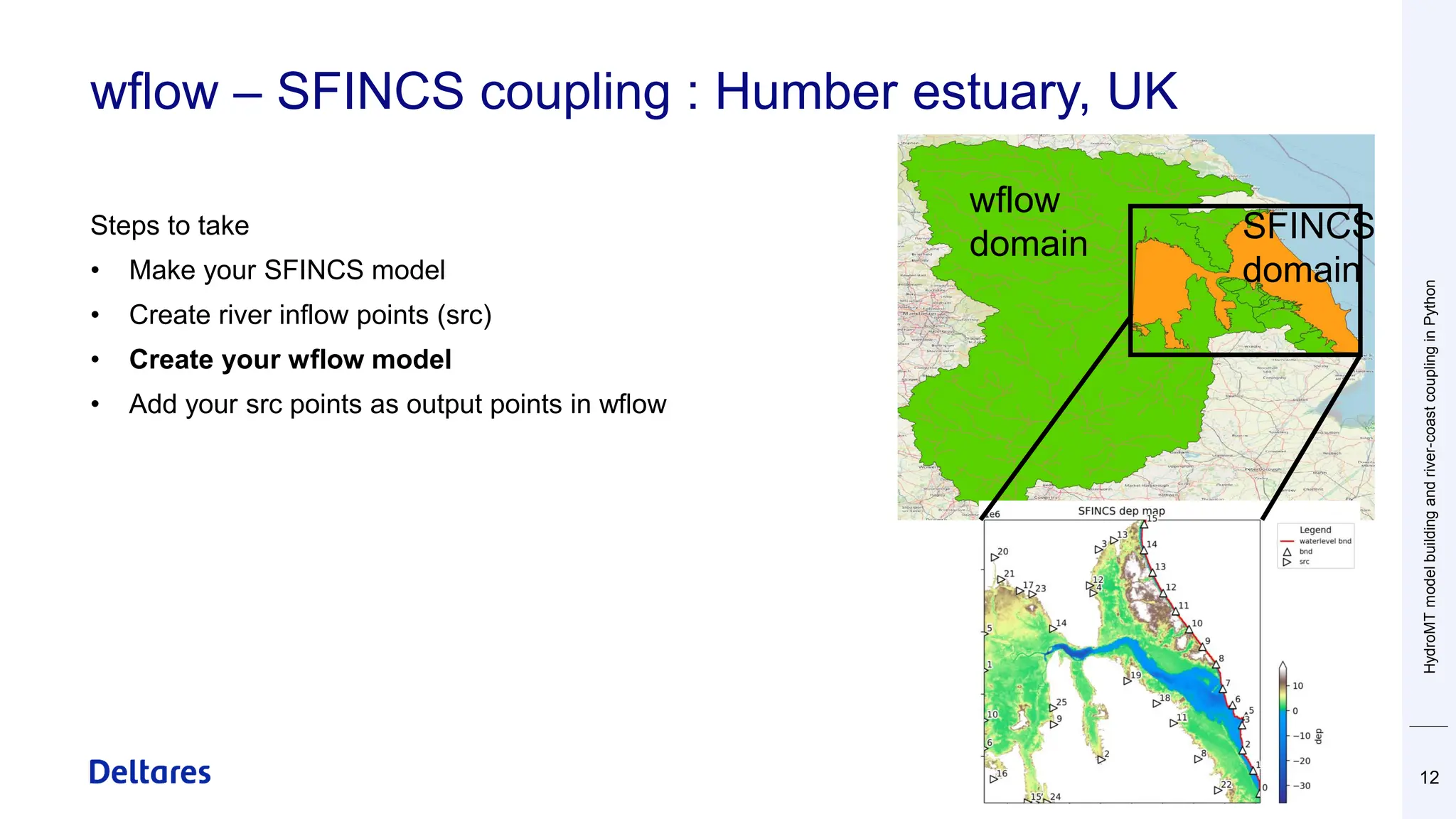 wflow – SFINCS coupling : Humber estuary, UK
HydroMT
model
building
and
river-coast
coupling
in
Python
12
wflow
domain SFINCS
domain
Steps to take
• Make your SFINCS model
• Create river inflow points (src)
• Create your wflow model
• Add your src points as output points in wflow
 