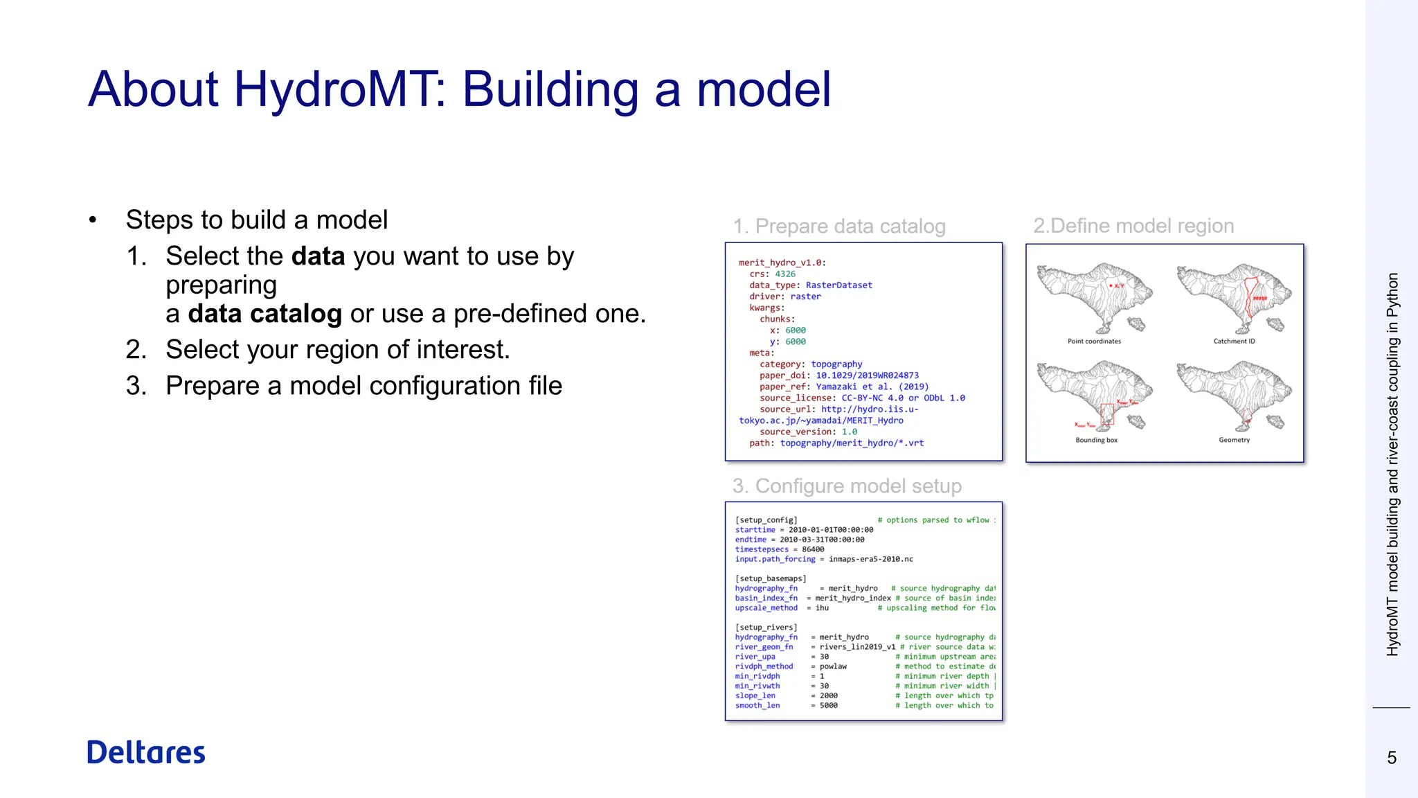 About HydroMT: Building a model
5
• Steps to build a model
1. Select the data you want to use by
preparing
a data catalog or use a pre-defined one.
2. Select your region of interest.
3. Prepare a model configuration file
HydroMT
model
building
and
river-coast
coupling
in
Python
 