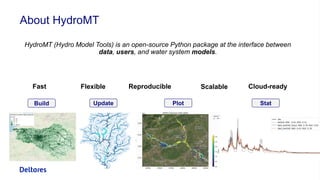 About HydroMT
HydroMT (Hydro Model Tools) is an open-source Python package at the interface between
data, users, and water system models.
Build Update Plot Stat
Cloud-ready
Scalable
Reproducible
Flexible
Fast
 