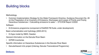 Building blocks
Methodology
• Common Implementation Strategy for the Water Framework Directive, Guidance Document No. 28
on the Preparation of an Inventory of Emissions, Discharges and Losses of Priority and Priority
Hazardous Substances + Calculating emissions to water – ETC/ICM Report 3/2022
Software
• D-Emissions programme (component of Delft3D FM Suite; under development)
Basin schematization and hydrology (2003-2013)
• E-Hype model by SMHI, Sweden
General information on the Danube River Basin
• ICPDR inventories
Specific information on Hazardous Substances in the Danube River Basin
• DanubeHazard m3c project (Interreg; Danube Transnational Programme)
6
Delft3D
User
Days
2023
|
The
Danube
Hazardous
Substances
Model
 