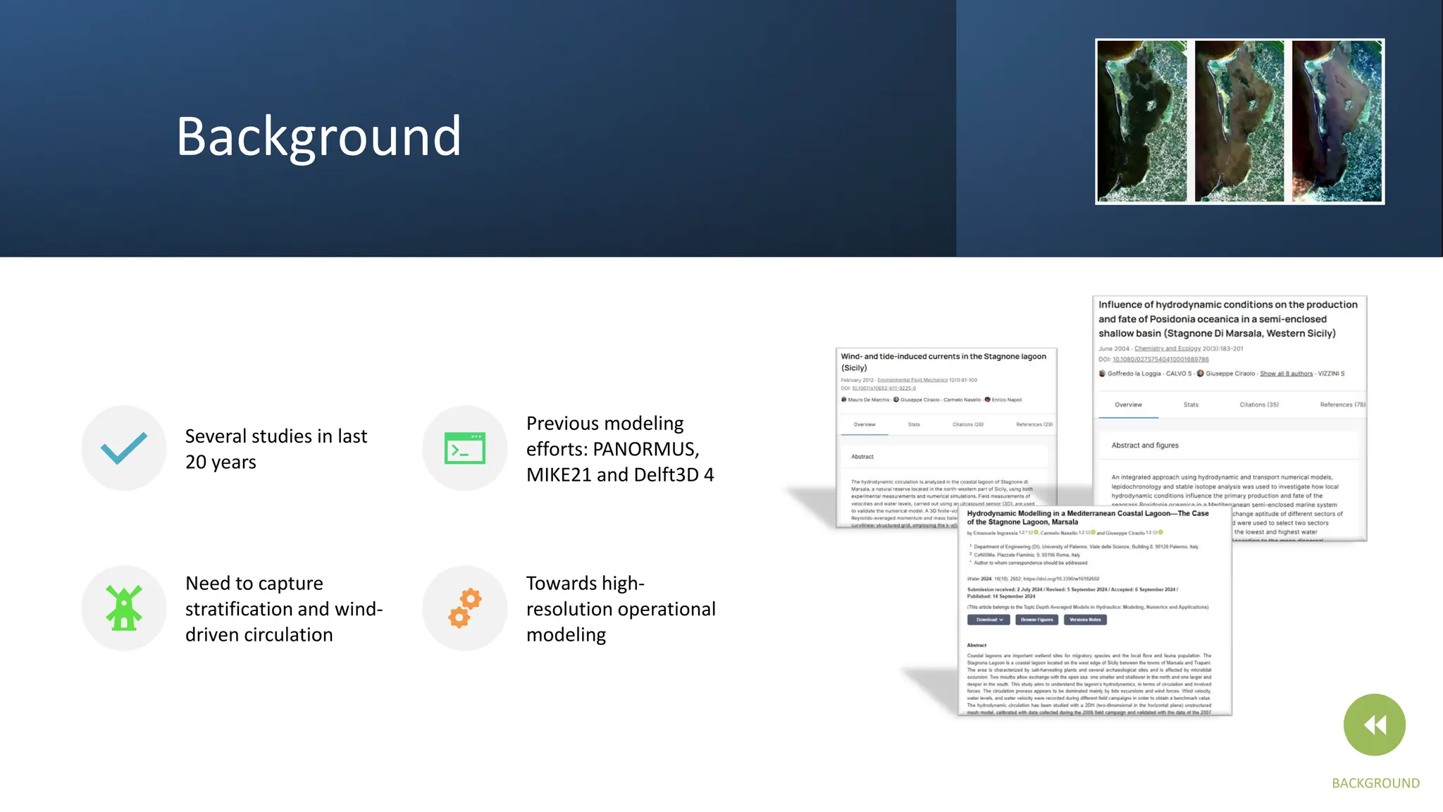 Background
Several studies in last
20 years
Previous modeling
efforts: PANORMUS,
MIKE21 and Delft3D 4
Need to capture
stratification and wind-
driven circulation
Towards high-
resolution operational
modeling
BACKGROUND
 