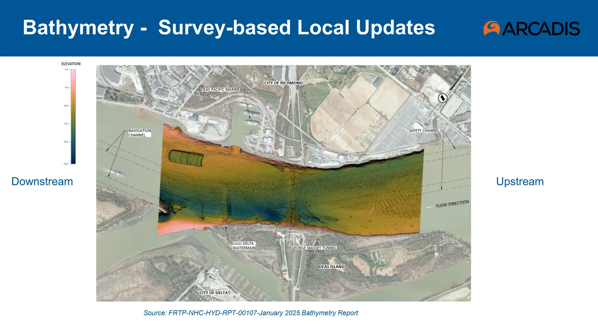 Bathymetry - Survey-based Local Updates
Source: FRTP-NHC-HYD-RPT-00107-January 2025 Bathymetry Report
Upstream
Downstream
 