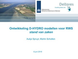 6 juni 2018
Ontwikkeling D-HYDRO modellen voor RWS
stand van zaken
Aukje Spruyt, Martin Scholten
 