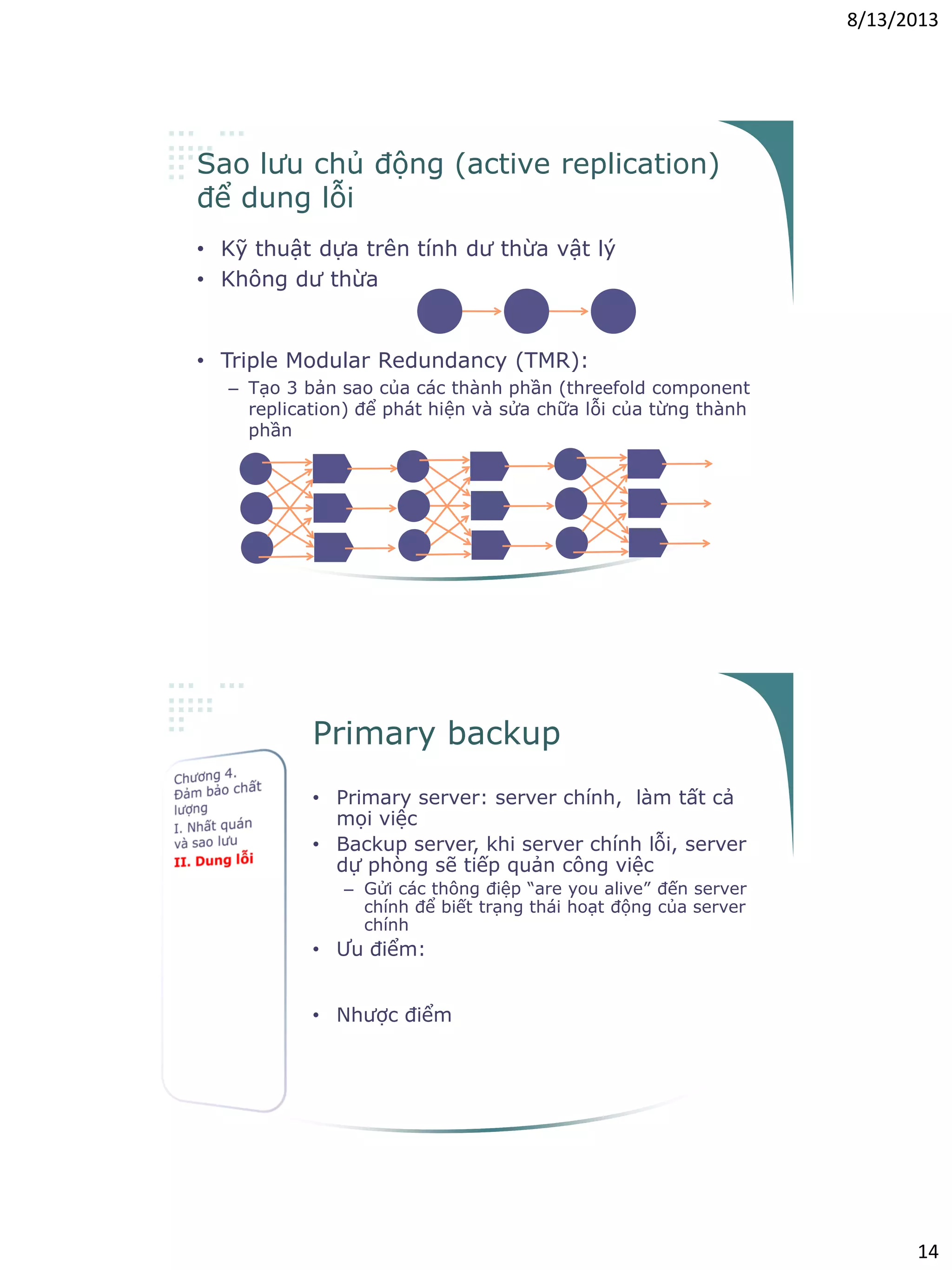8/13/2013
14
Sao lưu chủ động (active replication)
để dung lỗi
• Kỹ thuật dựa trên tính dư thừa vật lý
• Không dư thừa
• Triple Modular Redundancy (TMR):
– Tạo 3 bản sao của các thành phần (threefold component
replication) để phát hiện và sửa chữa lỗi của từng thành
phần
Primary backup
• Primary server: server chính, làm tất cả
mọi việc
• Backup server, khi server chính lỗi, server
dự phòng sẽ tiếp quản công việc
– Gửi các thông điệp “are you alive” đến server
chính để biết trạng thái hoạt động của server
chính
• Ưu điểm:
– Thiết kế đơn giản, không cần truyền thông
kiểu multicast
• Nhược điểm
– Không hiệu quả với các lỗi Byzantine
– Việc khắc phục lỗi mất nhiều thời gian và
phức tạp
 