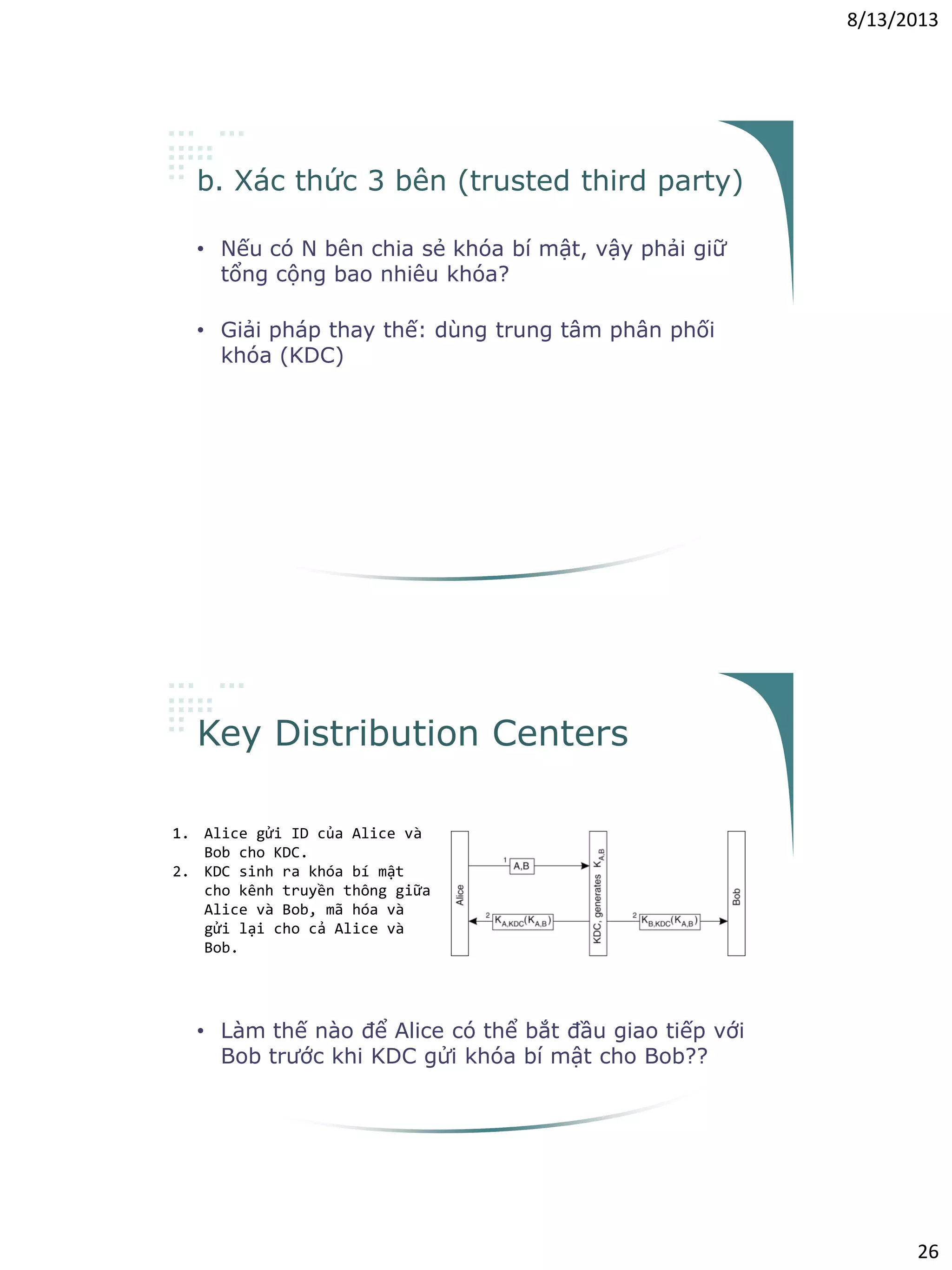 8/13/2013
26
b. Xác thức 3 bên (trusted third party)
• Nếu có N bên chia sẻ khóa bí mật, vậy phải giữ
tổng cộng bao nhiêu khóa?
– N(N-1)/2
• Giải pháp thay thế: dùng trung tâm phân phối
khóa (KDC)
– Mỗi bên giữ 1 khóa bí mật
– KDC quản lý N khóa bí mật
Key Distribution Centers
• Làm thế nào để Alice có thể bắt đầu giao tiếp với
Bob trước khi KDC gửi khóa bí mật cho Bob??
1. Alice gửi ID của Alice và
Bob cho KDC.
2. KDC sinh ra khóa bí mật
cho kênh truyền thông giữa
Alice và Bob, mã hóa và
gửi lại cho cả Alice và
Bob.
 