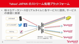 Yahoo! JAPAN のストリーム処理プラットフォーム
6
• 様々なデータソースをリアルタイムに各サービスに提供、サービス
の価値に貢献
アプリログ
ソーシャルログ
Weblog
IoT
Photo by insidetwit https://www.flickr.com/photos/insidetwit/
・異常検知 ・ウィンドウ集計
・オンライン機械学習 ・ETL
 