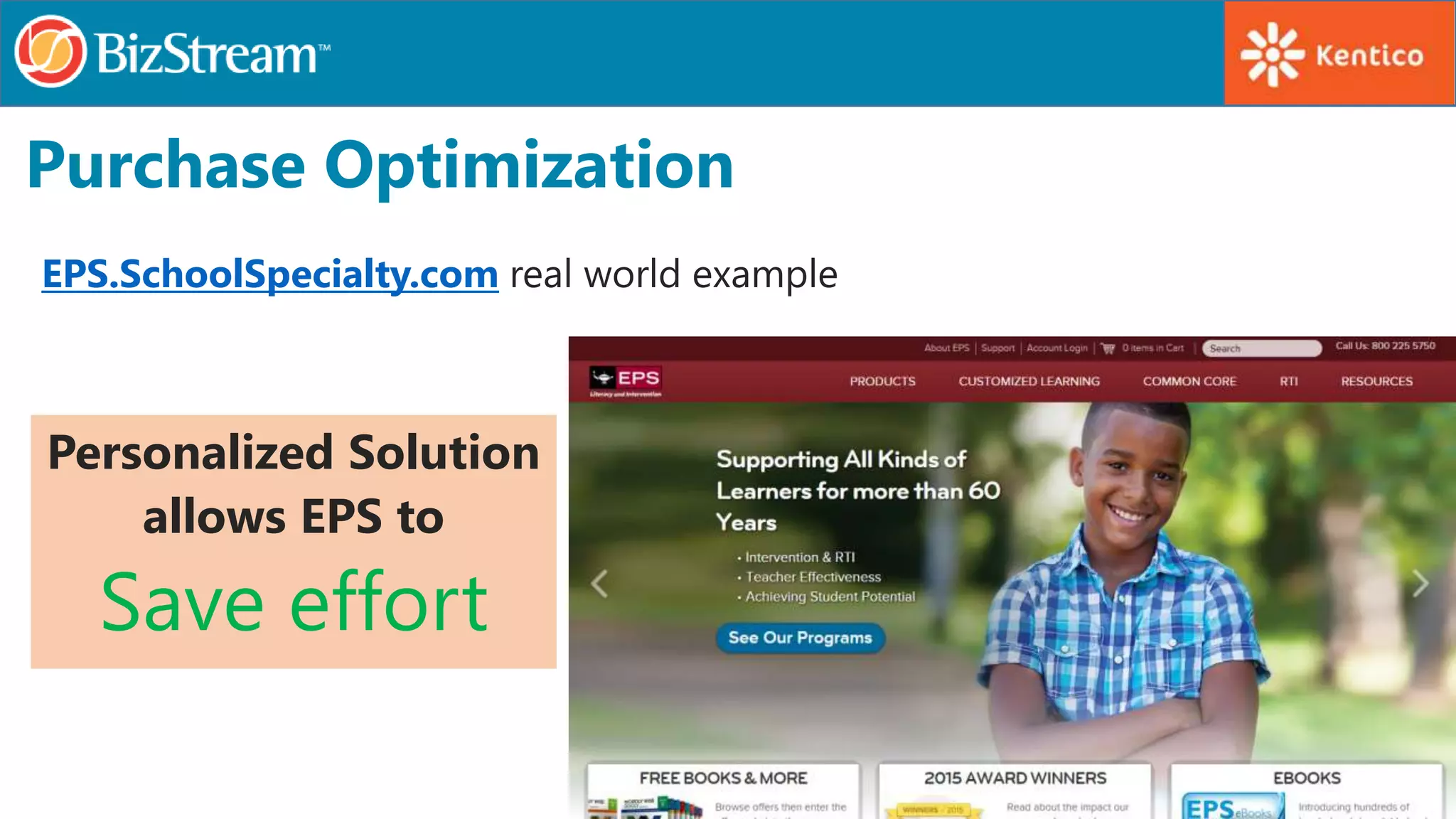 Purchase Optimization
EPS.SchoolSpecialty.com real world example
Personalized Solution
allows EPS to
Save effort
 