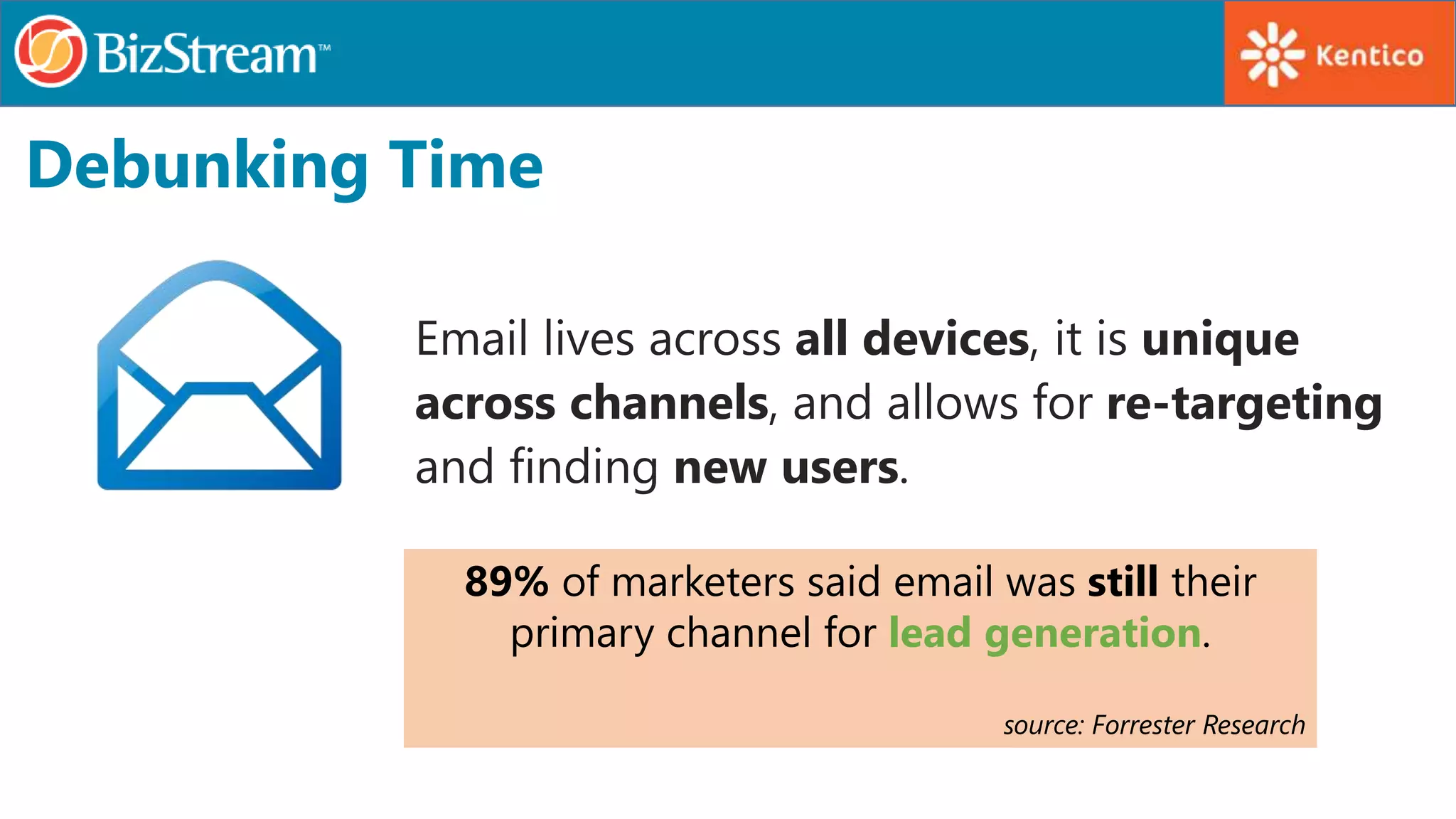 Debunking Time
Email lives across all devices, it is unique
across channels, and allows for re-targeting
and finding new users.
89% of marketers said email was still their
primary channel for lead generation.
source: Forrester Research
 