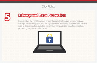 Click Rights
Privacy and Data Protection
Everyone has the right to privacy online. This includes freedom from surveillance,
the right to use encryption, and the right to online anonymity. Everyone also has the
right to data protection, including control over personal data collection, retention,
processing, disposal and disclosure.
5
iGmena
 