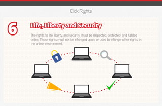 Click Rights
Life, Liberty and Security
The rights to life, liberty, and security must be respected, protected and fulfilled
online. These rights must not be infringed upon, or used to infringe other rights, in
the online environment.
6
iGmena
 