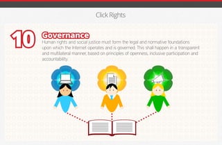 Click Rights
Governance
Human rights and social justice must form the legal and normative foundations
upon which the Internet operates and is governed. This shall happen in a transparent
and multilateral manner, based on principles of openness, inclusive participation and
accountability.
10
iGmena
 