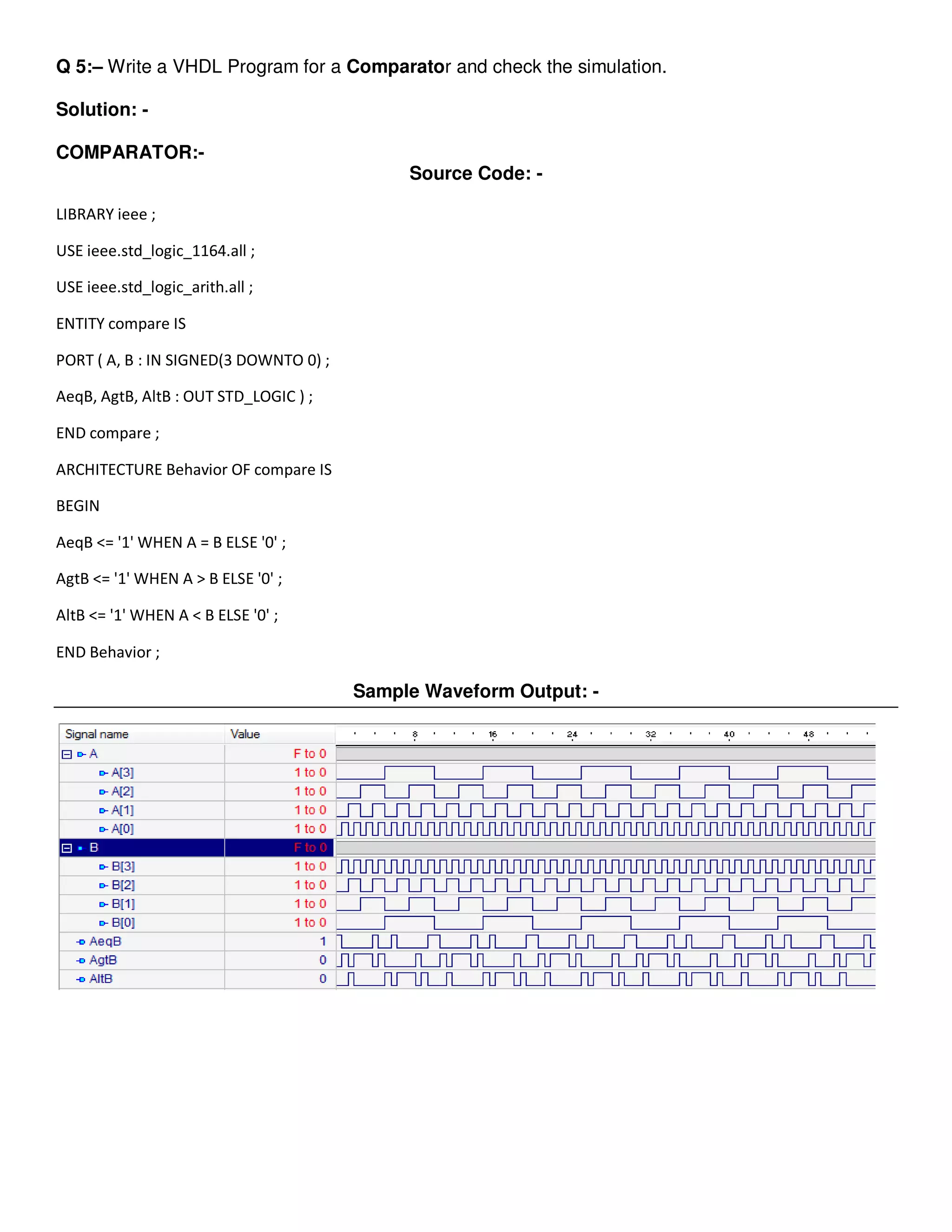 Q 5:– Write a VHDL Program for a Comparator and check the simulation. 
Solution: - 
COMPARATOR:- 
Source Code: - 
LIBRARY ieee ; 
USE ieee.std_logic_1164.all ; 
USE ieee.std_logic_arith.all ; 
ENTITY compare IS 
PORT ( A, B : IN SIGNED(3 DOWNTO 0) ; 
AeqB, AgtB, AltB : OUT STD_LOGIC ) ; 
END compare ; 
ARCHITECTURE Behavior OF compare IS 
BEGIN 
AeqB <= '1' WHEN A = B ELSE '0' ; 
AgtB <= '1' WHEN A > B ELSE '0' ; 
AltB <= '1' WHEN A < B ELSE '0' ; 
END Behavior ; 
Sample Waveform Output: - 
 