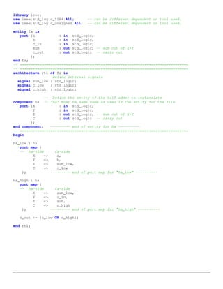 library ieee;
use ieee.std_logic_1164.ALL;       -- can be different dependent on tool used.
use ieee.std_logic_unsigned.ALL;   -- can be different dependent on tool used.

entity fa is
   port (a           : in std_logic;
         b           : in std_logic;
         c_in        : in std_logic;
         sum         : out std_logic; -- sum out of X+Y
         c_out       : out std_logic -- carry out
        );
end fa;
-- =============================================================================
-- =============================================================================
architecture rtl of fa is
              -- Define internal signals
  signal sum_low : std_logic;
  signal c_low   : std_logic;
  signal c_high : std_logic;

              -- Define the entity of the half adder to instansiate
component ha -- "ha" must be same name as used in the entity for the file
   port (X           : in std_logic;
         Y           : in std_logic;
         Z           : out std_logic; -- sum out of X+Y
         C           : out std_logic -- carry out
        );
end component;   --------- end of entity for ha ----------
-- =============================================================================
begin

ha_low : ha
   port map (
   -- ha-side      fa-side
         X    =>    a,
         Y    =>    b,
         Z    =>    sum_low,
         C    =>    c_low
    );           --------- end of port map for "ha_low" ----------

ha_high : ha
   port map (
   -- ha-side      fa-side
         X    =>    sum_low,
         Y    =>    c_in,
         Z    =>    sum,
         C    =>    c_high
    );           --------- end of port map for "ha_high" ----------

  c_out <= (c_low OR c_high);

end rtl;
 