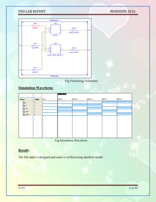 DSD LAB REPORT PART A SEPTEMBER 2016
BHUKYA RAMESH NAIK Page 10
3.COMPARATOR:
Aim: To implement a comparator using VHDL in data flow model.
Software: Xilinx ISE Design Suite 13.2 with ISim (VHDL/Verilog) simulator.
Theory: A digital comparator is a hardware electronic device that takes two numbers as input in
binary form and determines whether one number is greater than, less than or equal to the other
number.
Truth Table:
Inputs A>B A<B A=B
A3>B3 X X X H L L
A3=B3 A2>B2 X X H L L
A3=B3 A2=B2 A1>B1 X H L L
A3=B3 A2=B2 A1=B1 A0>B0 H L L
A3=B3 A2=B2 A1=B1 A0=B0 L L H
A3<B3 X X X L H L
A3=B3 A2<B2 X X L H L
A3=B3 A2=B2 A1<B1 X L H L
A3=B3 A2=B2 A1=B1 A0<B0 L H L
Table: 4-bit comparator
VHDL Code
library IEEE;
use IEEE.STD_LOGIC_1164.ALL;
entity comparator4bit_when_else is
Port ( a : in STD_LOGIC_VECTOR (3 downto 0);
b : in STD_LOGIC_VECTOR (3 downto 0);
l : out STD_LOGIC;
e : out STD_LOGIC;
g : out STD_LOGIC);
end comparator4bit_when_else;
architecture Behavioral of comparator4bit_when_else is
 