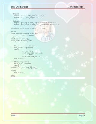 DSD LAB REPORT PART A SEPTEMBER 2016
BHUKYA RAMESH NAIK Page 28
--Inputs
signal reset : std_logic := '0';
signal clk : std_logic := '0';
--Outputs
signal qout_up : std_logic_vector(3 downto 0);
signal qout_down : std_logic_vector(3 downto 0);
constant clk_period : time := 10 ns;
BEGIN
uut: decade_counter PORT MAP (
reset => reset,
clk => clk,
qout_up => qout_up,
qout_down => qout_down
);
-- Clock process definitions
clk_process :process
begin
clk <= '0';
wait for clk_period/2;
clk <= '1';
wait for clk_period/2;
end process;
-- Stimulus process
stim_proc: process
begin
reset<='1'; wait for 10 ns;
reset<='0'; wait for 200 ns;
wait;
end process;
END;
 