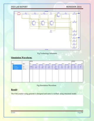DSD LAB REPORT PART A SEPTEMBER 2016
BHUKYA RAMESH NAIK Page 79
Fig:Technology Schematic
Simulation Waveform:
Fig:Simulation Waveform
Result:
The 4 bit counter using generate is designed and same is verified using structural model.
 
