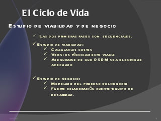 El Ciclo de Vida Las dos primeras fases son  secuenciales. 04/02/03 Estudio de viabilidad y de negocio Estudio de viabilidad: Calcular los costes Ver si es técnicamente viable Asegurarse de que DSDM sea el enfoque adecuado Estudio de negocio: Modelado del  proceso del negocio Fuerte colaboración cliente-equipo de desarrollo . 
