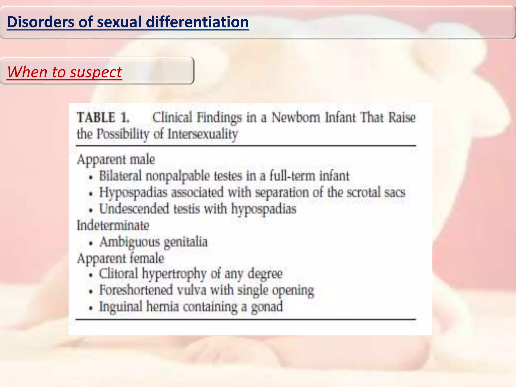 Disorders of sexual differentiation
When to suspect
 
