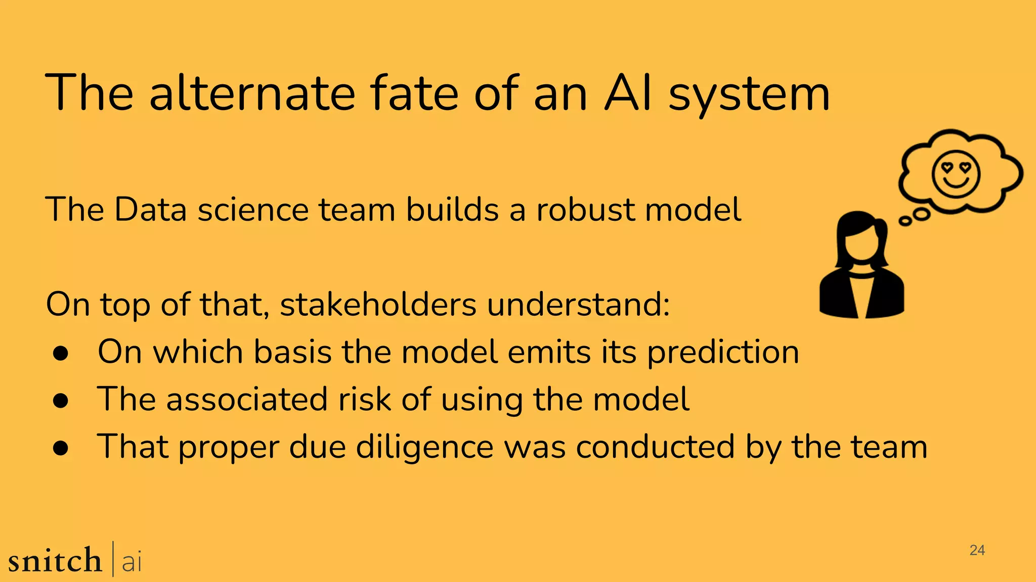 The alternate fate of an AI system
24
The Data science team builds a robust model
On top of that, stakeholders understand:
● On which basis the model emits its prediction
● The associated risk of using the model
● That proper due diligence was conducted by the team
 