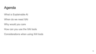 Agenda
What is Explainable AI
When do we need XAI
Why would you care
How can you use the XAI tools
Considerations when using XAI tools
12
 