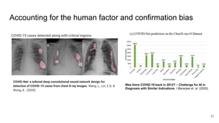 Accounting for the human factor and confirmation bias
COVID-Net: a tailored deep convolutional neural network design for
detection of COVID-19 cases from chest X-ray images. Wang, L., Lin, Z.Q. &
Wong, A. (2020)
Was there COVID-19 back in 2012? – Challenge for AI in
Diagnosis with Similar Indications. I Banerjee et. al (2020)
COVID-19 cases detected along with critical regions
57
 