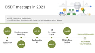 Monthly cadence, on Wednesdays.
Incredible sessions already planned. Contact us with your expectations & ideas.
ML
Validation
Reinforcement
Learning
Explainable
AI
Fly brain
& NN
Lorem ipsum
Commodo
April 28
May 26 Aug 25
DSDT meetups in 2021
July 21
Your ideas,
your meetup.
http://bit.ly/DSDTsurvey2021
RNN & Time
Series
Sept 29
 