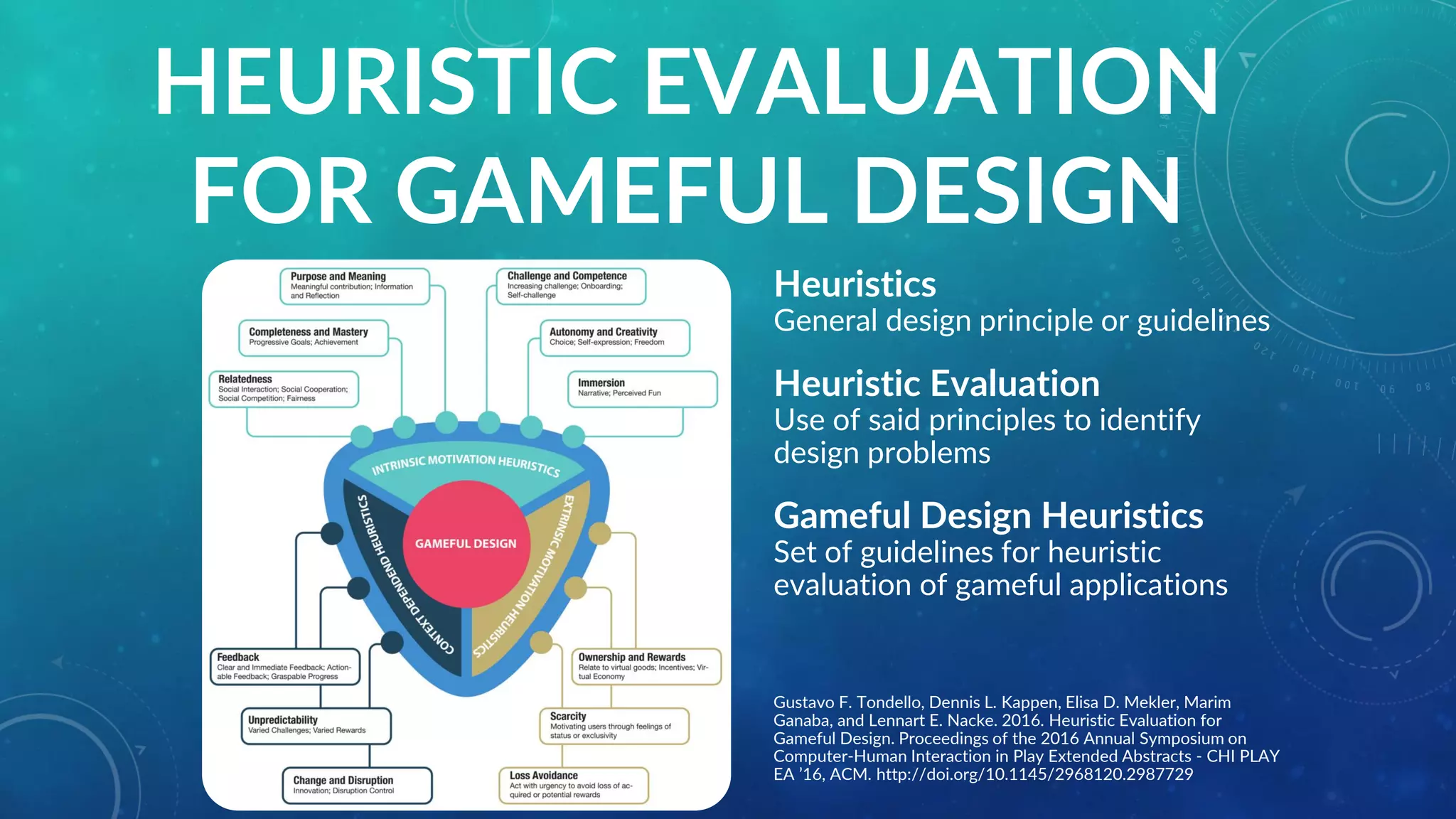 HEURISTIC EVALUATION
FOR GAMEFUL DESIGN
Gustavo F. Tondello, Dennis L. Kappen, Elisa D. Mekler, Marim
Ganaba, and Lennart E. Nacke. 2016. Heuristic Evaluation for
Gameful Design. Proceedings of the 2016 Annual Symposium on
Computer-Human Interaction in Play Extended Abstracts - CHI PLAY
EA ’16, ACM. http://doi.org/10.1145/2968120.2987729
Heuristics
General design principle or guidelines
Heuristic Evaluation
Use of said principles to identify
design problems
Gameful Design Heuristics
Set of guidelines for heuristic
evaluation of gameful applications
 