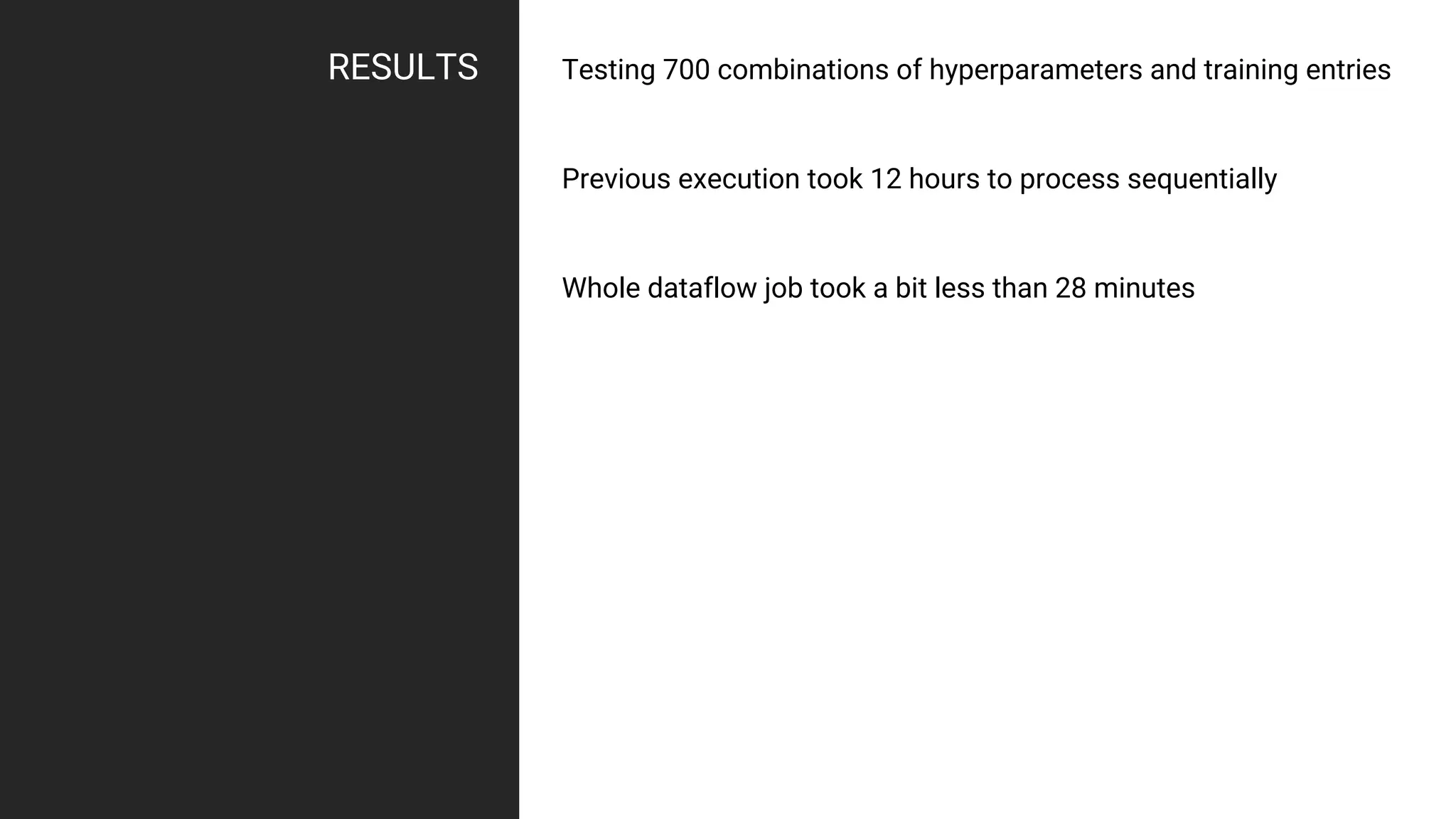 RESULTS Testing 700 combinations of hyperparameters and training entries
Previous execution took 12 hours to process sequentially
Whole dataflow job took a bit less than 28 minutes
 