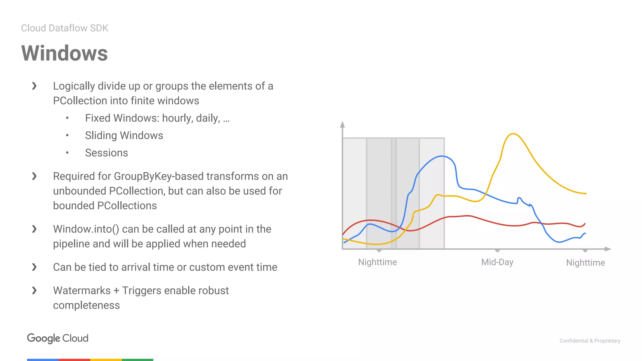Confidential & Proprietary
❯ Logically divide up or groups the elements of a
PCollection into finite windows
• Fixed Windows: hourly, daily, …
• Sliding Windows
• Sessions
❯ Required for GroupByKey-based transforms on an
unbounded PCollection, but can also be used for
bounded PCollections
❯ Window.into() can be called at any point in the
pipeline and will be applied when needed
❯ Can be tied to arrival time or custom event time
❯ Watermarks + Triggers enable robust
completeness
Windows
Cloud Dataflow SDK
Nighttime Mid-Day Nighttime
 