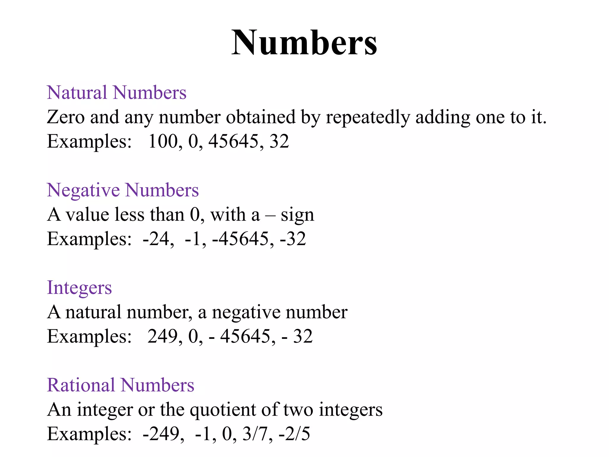 Natural Numbers
Zero and any number obtained by repeatedly adding one to it.
Examples: 100, 0, 45645, 32
Negative Numbers
A value less than 0, with a – sign
Examples: -24, -1, -45645, -32
Integers
A natural number, a negative number
Examples: 249, 0, - 45645, - 32
Rational Numbers
An integer or the quotient of two integers
Examples: -249, -1, 0, 3/7, -2/5
Numbers
 