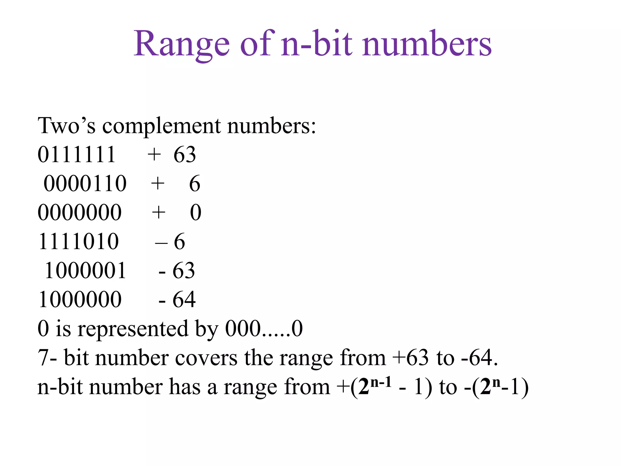 Range of n-bit numbers
Two’s complement numbers:
0111111 + 63
0000110 + 6
0000000 + 0
1111010 – 6
1000001 - 63
1000000 - 64
0 is represented by 000.....0
7- bit number covers the range from +63 to -64.
n-bit number has a range from +(2n-1 - 1) to -(2n-1)
 