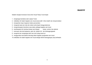 OBJEKTIF

Setelah mengikuti Kurikulum Dunia Seni Visual Tahap I murid dapat:


1. menghargai keindahan alam ciptaan Tuhan
2. melibatkan diri dalam kegiatan seni visual secara aktif, kritis, kreatif, dan menyeronokkan
3. menajamkan daya imaginasi melalui pancaindera
4. mengenali asas seni reka dan olahan serta dapat menggunakannya
5. mengembangkan kemahiran asas dalam pelbagai kegiatan seni visual
6. membiasakan diri membuat rekaan seni dengan            teratur, cermat, dan selamat
7. memupuk nilai-nilai kerjasama, yakin diri, disipilin diri, dan bertanggungjawab
8. mengenal dan menghargai tokoh seni dan budaya tanah air
9. menggunakan kemudahan teknologi dalam kegiatan penghasilan seni visual
10. melibatkan diri dalam kegiatan seni visual sebagai aktiviti kesenggangan yang berfaedah




                                                                  3
 