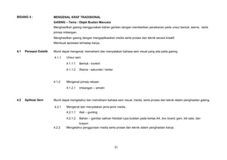 BIDANG 4 :               MENGENAL KRAF TRADISIONAL
                         GASING    Tema : Objek Buatan Manusia
                         Menghasilkan gasing menggunakan bahan gantian dengan memberikan penekanan pada unsur bentuk, warna, serta
                         prinsip imbangan.
                         Menghasilkan gasing dengan mengaplikasikan media serta proses dan teknik secara kreatif.
                         Membuat apresiasi terhadap karya.

4.1   Persepsi Estetik   Murid dapat mengenal, memahami dan menyatakan bahasa seni visual yang ada pada gasing.

                         4.1.1    Unsur seni

                                  4.1.1.1    Bentuk - konkrit

                                  4.1.1.2    Warna - sekunder / tertier



                         4.1.2    Mengenal prinsip rekaan

                                  4.1.2.1    Imbangan    simetri



4.2   Aplikasi Seni      Murid dapat mengetahui dan memahami bahasa seni visual, media, serta proses dan teknik dalam penghasilan gasing.

                         4.2.1    Mengenal dan menyatakan jenis-jenis media.
                                  4.2.1.1    Alat   gunting

                                  4.2.1.2    Bahan    gambar salinan fotostat rupa bulatan pada kertas A4, box board, gam, lidi sate, dan
                                          krayon.
                         4.2.2    Mengetahui penggunaan media serta proses dan teknik dalam penghasilan karya.




                                                                          31
 