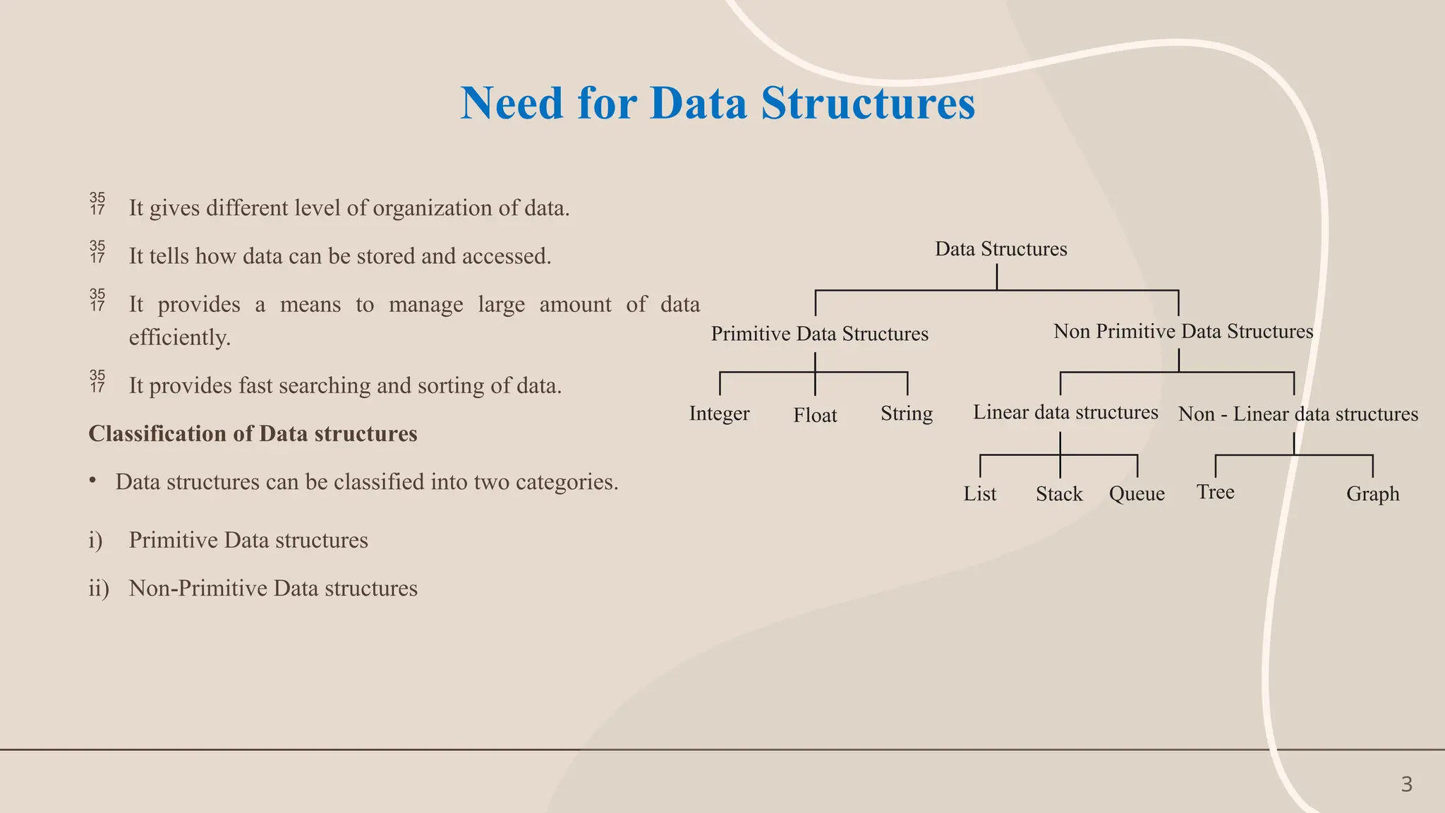 3
Need for Data Structures
 It gives different level of organization of data.
 It tells how data can be stored and accessed.
 It provides a means to manage large amount of data
efficiently.
 It provides fast searching and sorting of data.
Classification of Data structures
• Data structures can be classified into two categories.
i) Primitive Data structures
ii) Non-Primitive Data structures
 
