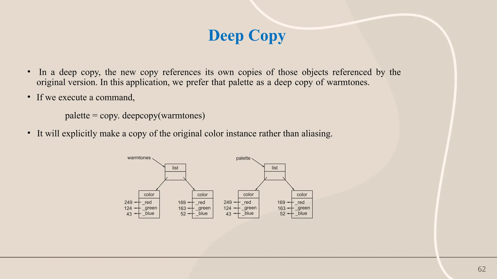 62
Deep Copy
• In a deep copy, the new copy references its own copies of those objects referenced by the
original version. In this application, we prefer that palette as a deep copy of warmtones.
• If we execute a command,
palette = copy. deepcopy(warmtones)
• It will explicitly make a copy of the original color instance rather than aliasing.
 
