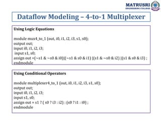 Dataflow Modeling – 4-to-1 Multiplexer
MATRUSRI
ENGINEERING COLLEGE
Using Logic Equations
module mux4_to_1 (out, i0, i1, i2, i3, s1, s0);
output out;
input i0, i1, i2, i3;
input s1, s0;
assign out =(~s1 & ~s0 & i0)|(~s1 & s0 & i1) |(s1 & ~s0 & i2) |(s1 & s0 & i3) ;
endmodule
Using Conditional Operators
module multiplexer4_to_1 (out, i0, i1, i2, i3, s1, s0);
output out;
input i0, i1, i2, i3;
input s1, s0;
assign out = s1 ? ( s0 ? i3 : i2) : (s0 ? i1 : i0) ;
endmodule
 