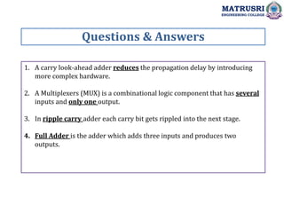 1. A carry look-ahead adder reduces the propagation delay by introducing
more complex hardware.
2. A Multiplexers (MUX) is a combinational logic component that has several
inputs and only one output.
3. In ripple carry adder each carry bit gets rippled into the next stage.
4. Full Adder is the adder which adds three inputs and produces two
outputs.
Questions & Answers
MATRUSRI
ENGINEERING COLLEGE
 