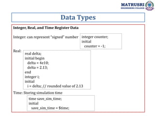 Data Types
MATRUSRI
ENGINEERING COLLEGE
Integer, Real, and Time Register Data
Integer: can represent “signed” number
Real:
Time: Storing simulation time
integer counter;
initial
counter = -1;
real delta;
initial begin
delta = 4e10;
delta = 2.13;
end
integer i;
initial
i = delta; // rounded value of 2.13
time save_sim_time;
initial
save_sim_time = $time;
 