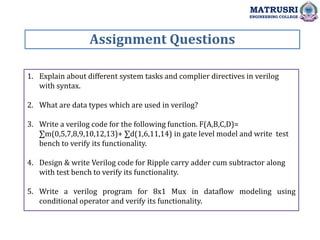 Assignment Questions
MATRUSRI
ENGINEERING COLLEGE
1. Explain about different system tasks and complier directives in verilog
with syntax.
2. What are data types which are used in verilog?
3. Write a verilog code for the following function. F(A,B,C,D)=
∑m(0,5,7,8,9,10,12,13)+ ∑d(1,6,11,14) in gate level model and write test
bench to verify its functionality.
4. Design & write Verilog code for Ripple carry adder cum subtractor along
with test bench to verify its functionality.
5. Write a verilog program for 8x1 Mux in dataflow modeling using
conditional operator and verify its functionality.
 