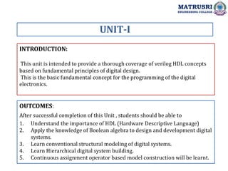 INTRODUCTION:
This unit is intended to provide a thorough coverage of verilog HDL concepts
based on fundamental principles of digital design.
This is the basic fundamental concept for the programming of the digital
electronics.
UNIT-I
OUTCOMES:
After successful completion of this Unit , students should be able to
1. Understand the importance of HDL (Hardware Descriptive Language)
2. Apply the knowledge of Boolean algebra to design and development digital
systems.
3. Learn conventional structural modeling of digital systems.
4. Learn Hierarchical digital system building.
5. Continuous assignment operator based model construction will be learnt.
MATRUSRI
ENGINEERING COLLEGE
 