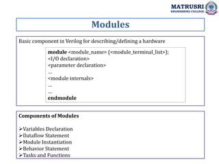 Modules
MATRUSRI
ENGINEERING COLLEGE
Basic component in Verilog for describing/defining a hardware
module <module_name> (<module_terminal_list>);
<I/O declaration>
<parameter declaration>
…
<module internals>
…
…
endmodule
Components of Modules
Variables Declaration
Dataflow Statement
Module Instantiation
Behavior Statement
Tasks and Functions
 