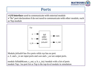 Ports
MATRUSRI
ENGINEERING COLLEGE
I/O Interface used to communicate with external module
“No” port declaration if do not need to communicate with other module, such
as Top module
Module fulladd4 has five ports while top has no port.
a, b, and c_in are input ports and sum and c_out are output ports.
module fulladd4(sum, c_out, a, b, c_in);//module with a list of ports
module Top; //no port list as Top is the top-level module in simulation
 