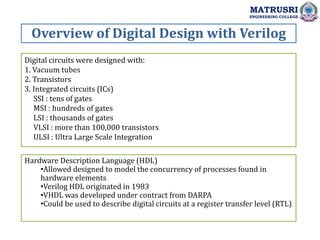 Digital circuits were designed with:
1. Vacuum tubes
2. Transistors
3. Integrated circuits (ICs)
SSI : tens of gates
MSI : hundreds of gates
LSI : thousands of gates
VLSI : more than 100,000 transistors
ULSI : Ultra Large Scale Integration
Hardware Description Language (HDL)
•Allowed designed to model the concurrency of processes found in
hardware elements
•Verilog HDL originated in 1983
•VHDL was developed under contract from DARPA
•Could be used to describe digital circuits at a register transfer level (RTL)
Overview of Digital Design with Verilog
MATRUSRI
ENGINEERING COLLEGE
 