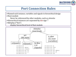 Port Connection Rules
MATRUSRI
ENGINEERING COLLEGE
Named each instance, variables and signals in hierarchical design
Root module
Never be referenced by other modules, such as stimulus
Hierarchical instances are separated by dot sign “.”
$display (“%m”)
display hierarchical level of that module
stimulus
(root level)
m1
(SR_latch)
q, qbar
set, reset
(variables)
Q, Qbar
S, R
(signals)
n1(nand ) n2(nand )
 