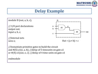 Delay Example
MATRUSRI
ENGINEERING COLLEGE
module D (out, a, b, c);
// I/O port declarations
output out;
input a, b, c;
//Internal nets
wire e;
//Instantiate primitive gates to build the circuit
and #(5) a1(e, a, b); //delay of 5 timeunits on gate a1
or #(4) o1(out, e, c); //delay of 4 time units on gate o1
endmodule
Out = (a • b) + c
 