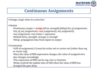 Continuous Assignments
MATRUSRI
ENGINEERING COLLEGE
Assign a logic value to a wire/net
Syntax
•Continuous_assign::= assign [drive_strength] [delay] list_of_assignments;
•list_of_net_assignments::=net_assignment{, net_assignment}
•net_assignment::=net_lvalue = expression
•Default drive_strength: strong1 or strong0
•Delay: propagation time from inputs to output
Constraints
•LHS of assignment (=) must be scalar net or vector net (rather than reg
or vector reg)
•Once the value of RHS expression changes, the value of assigned wire
also changes accordingly
•The expression of RHS can be reg, wire or function
•Delay controls the update time of LHS when the value of RHS has
changed like gate delay
 