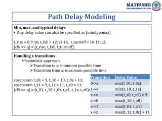 Path Delay Modeling
MATRUSRI
ENGINEERING COLLEGE
Min, max, and typical delays
• Any delay value can also be specified as (min:typ:max)
t_rise = 8:9:10, t_fall = 12:13:14, t_turnoff = 10:11:12;
(clk => q) = (t_rise, t_fall, t_turnoff);
Handling x transitions
•Pessimistic approach
Transition to x: minimum possible time
Transition from x: maximum possible time
specparam t_01 = 9, t_10 = 13, t_0z = 11;
specparam t_z1 = 9, t_1z = 11, t_z0 = 13;
(clk => q) = (t_01, t_10, t_0z, t_z1, t_1z, t_z0);
Transition Delay Value
0->x min(t_01, t_0z)
1->x min(t_10, t_1z)
z->x min(t_z0, t_z1) = 9
x->0 max(t_10, t_z0)
x->1 max(t_01, t_z1)
x->z max(t_1z, t_0z) = 11
 