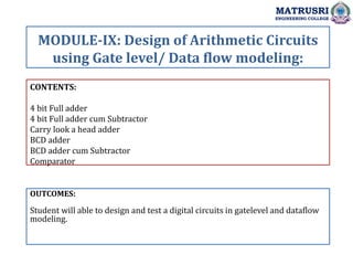 CONTENTS:
4 bit Full adder
4 bit Full adder cum Subtractor
Carry look a head adder
BCD adder
BCD adder cum Subtractor
Comparator
OUTCOMES:
Student will able to design and test a digital circuits in gatelevel and dataflow
modeling.
MODULE-IX: Design of Arithmetic Circuits
using Gate level/ Data flow modeling:
MATRUSRI
ENGINEERING COLLEGE
 
