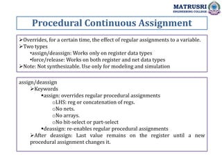 Procedural Continuous Assignment
MATRUSRI
ENGINEERING COLLEGE
Overrides, for a certain time, the effect of regular assignments to a variable.
Two types
•assign/deassign: Works only on register data types
•force/release: Works on both register and net data types
Note: Not synthesizable. Use only for modeling and simulation
assign/deassign
Keywords
assign: overrides regular procedural assignments
oLHS: reg or concatenation of regs.
oNo nets.
oNo arrays.
oNo bit-select or part-select
deassign: re-enables regular procedural assignments
After deassign: Last value remains on the register until a new
procedural assignment changes it.
 